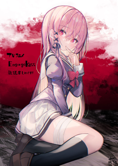 1girl bandaged_leg bandages black_legwear bow bowtie brown_footwear engage_kiss finger_to_mouth hair_between_eyes hair_ribbon kisara_(engage_kiss) kneehighs loafers long_hair looking_at_viewer nekoboshi_sakko official_art pink_eyes pink_hair pleated_skirt puffy_sleeves red_bow red_bowtie ribbon school_uniform shoes skirt solo white_skirt