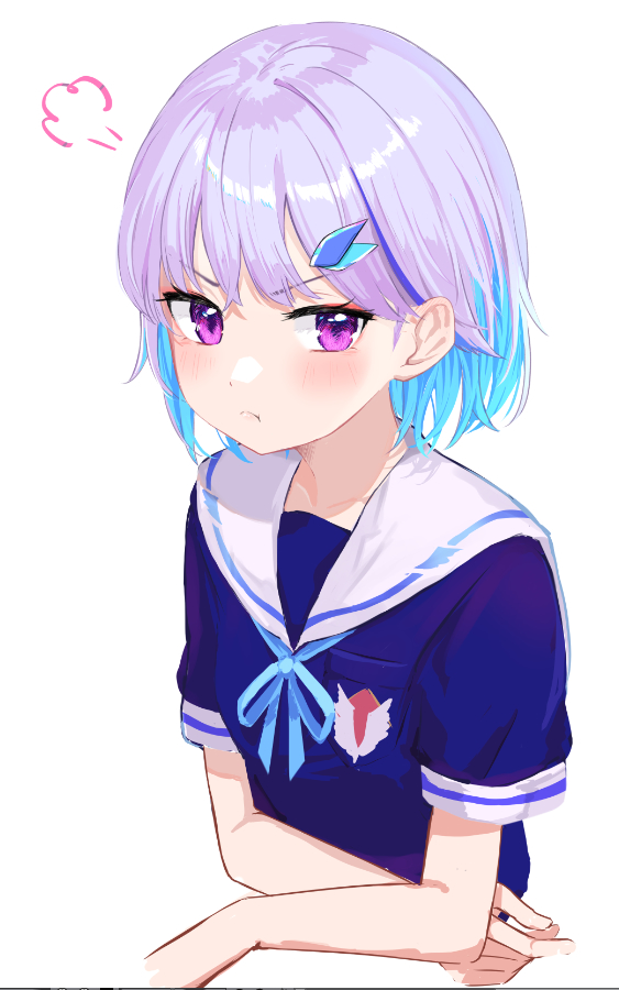 1girl =3 bangs blue_hair blue_ribbon blue_shirt blush closed_mouth cropped_torso frown grey_hair kei-chan_(ultimatekeichan) lize_helesta looking_at_viewer medium_hair multicolored_hair neck_ribbon nijisanji ribbon sailor_collar school_uniform serafuku shirt simple_background solo two-tone_hair upper_body violet_eyes virtual_youtuber white_background white_sailor_collar