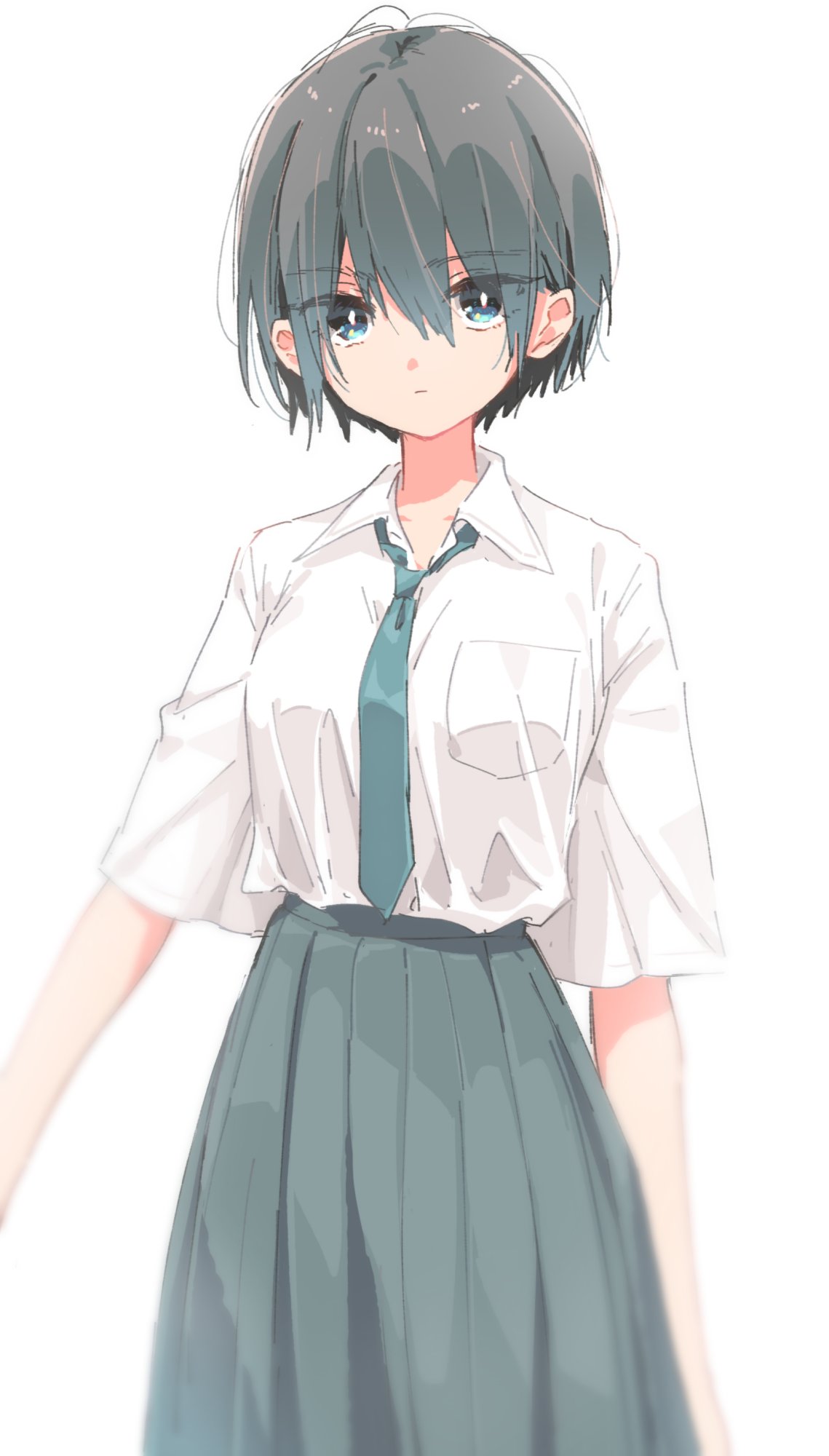 1girl arm_at_side bangs blurry breast_pocket breasts bright_pupils closed_mouth collared_shirt depth_of_field green_eyes green_necktie green_skirt grey_hair highres looking_at_viewer matsuda_hikari necktie original pocket shirt shirt_tucked_in short_hair short_sleeves simple_background skirt small_breasts solo upper_body white_background white_pupils white_shirt