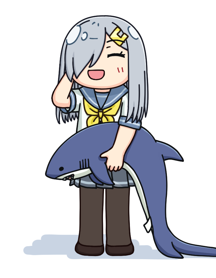 1girl alternate_hair_length alternate_hairstyle black_legwear closed_eyes commentary_request full_body grey_hair grey_sailor_collar grey_skirt hair_ornament hair_over_one_eye hairclip hama!_(3toshinhmkz) hamakaze_(kancolle) holding ikea_shark kantai_collection long_hair neckerchief no_nose pantyhose pleated_skirt sailor_collar school_uniform serafuku simple_background skirt solo stuffed_animal stuffed_shark stuffed_toy white_background yellow_neckerchief