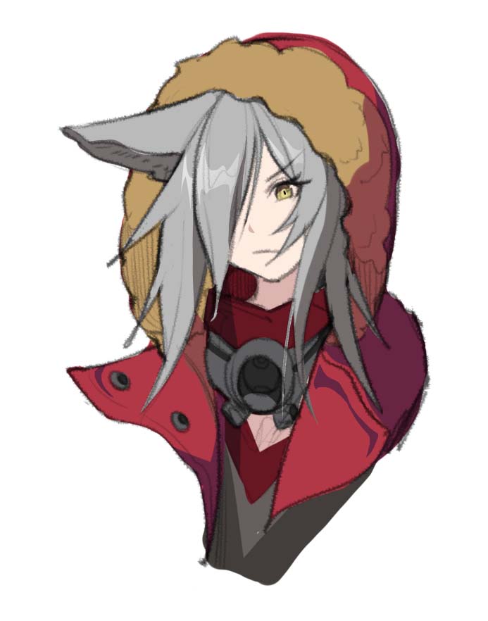 1girl animal_ears arknights cacaco closed_mouth eyelashes frown fur-trimmed_hood fur_trim grey_background grey_hair hair_over_one_eye hatching_(texture) hood hood_up long_eyelashes long_hair projekt_red_(arknights) simple_background sketch solo upper_body yellow_eyes