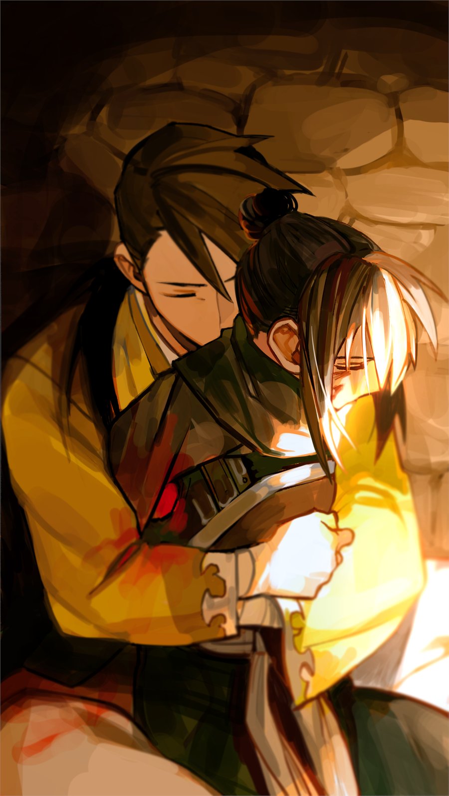 197_369 1boy 1girl arm_wrap armor bangs black_hair blood blood_on_clothes blood_on_face closed_eyes covered_mouth day fullmetal_alchemist grey_scarf hair_bun highres hug korean_commentary lan_fan ling_yao long_hair long_sleeves on_ground one_eye_covered outdoors pants pavement ponytail profile scarf single_hair_bun sitting updo wide_sleeves