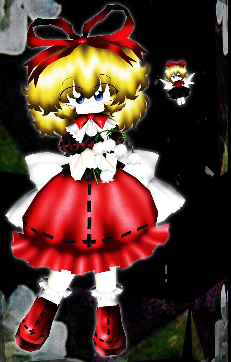 1girl blonde_hair blue_eyes bow brown_shirt bubble_skirt doll flower looking_at_viewer medicine_melancholy nostalplant phantasmagoria_of_flower_view puffy_short_sleeves puffy_sleeves red_bow red_footwear red_ribbon red_skirt ribbon shirt short_hair short_sleeves skirt smile touhou white_flower white_ribbon