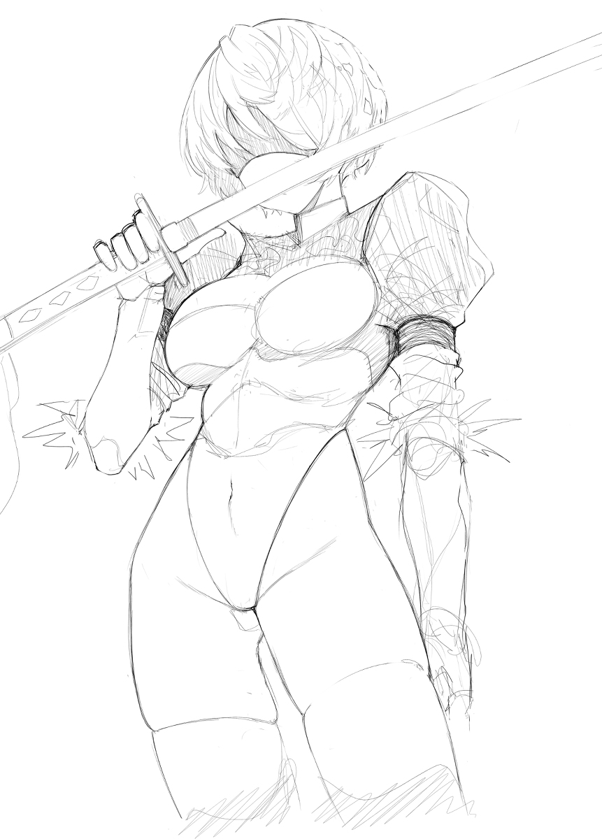 1girl ass_visible_through_thighs blindfold brashear_lushert cleavage_cutout clothing_cutout covered_navel fur_trim grey_background greyscale hatching_(texture) highres holding holding_sword holding_weapon katana leotard monochrome nier_(granblue_fantasy) nier_(series) puffy_sleeves short_hair simple_background sketch skindentation solo sword thigh-highs turtleneck weapon yorha_no._2_type_b