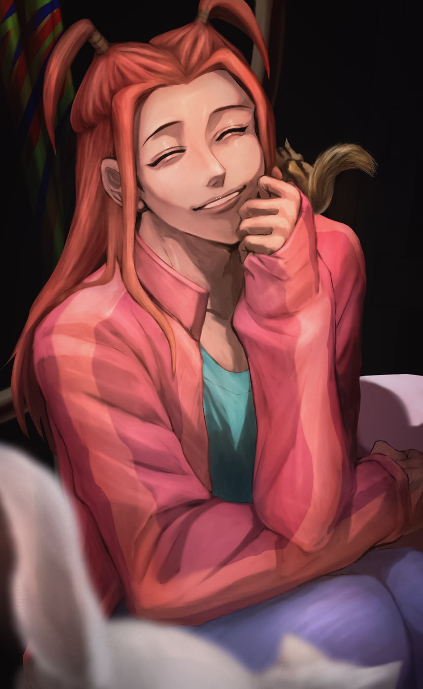 1boy ^_^ ace_attorney ace_attorney_investigations ace_attorney_investigations_2 closed_eyes hand_up highres jacket long_hair male_focus redhead sano_(hospital_0434) sarushiro_souta smile solo squirrel