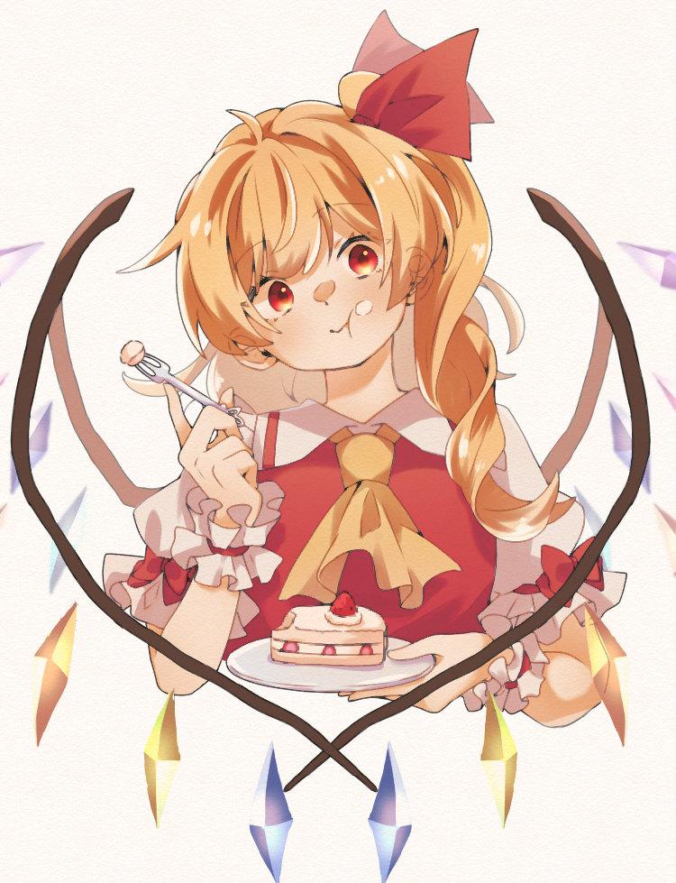 1girl ascot blonde_hair breasts chewing collared_shirt eating flandre_scarlet food food_on_face fork frilled_shirt_collar frilled_sleeves frills head_tilt holding holding_fork holding_plate kotsubunatto2525 long_hair looking_at_viewer multicolored_wings no_hat no_headwear plate puffy_short_sleeves puffy_sleeves red_eyes red_vest shirt short_sleeves side_ponytail simple_background small_breasts solo strawberry_shortcake symbol-only_commentary touhou upper_body vest white_background white_shirt wings wrist_cuffs yellow_ascot