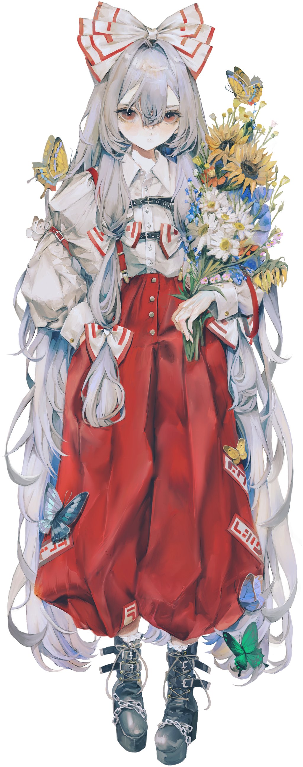 1girl absurdres arm_belt baggy_pants belt_boots black_footwear boots bow bug butterfly buttons chain chest_belt collared_shirt daisy flower fujiwara_no_mokou full_body grey_hair hair_between_eyes hair_bow hand_in_pocket highres holding holding_flower leather leather_boots long_hair long_sleeves looking_at_viewer ofuda ofuda_on_clothes pants red_eyes red_pants shirt shirt_tucked_in solo sunflower suspenders touhou very_long_hair white_background white_bow white_shirt yogisya