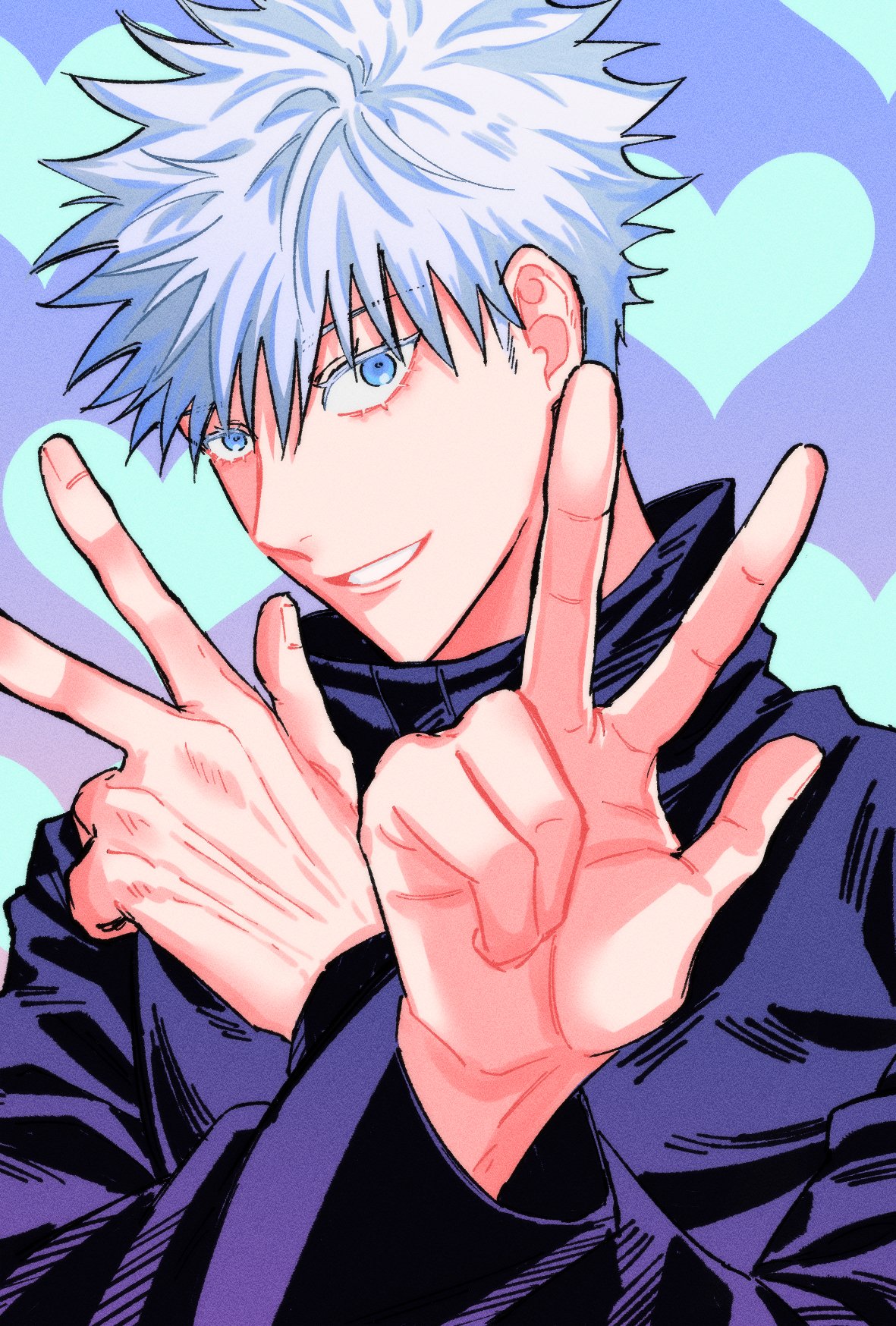 1boy bangs black_jacket blue_eyes colored_eyelashes commentary_request double_v fushirun_rung gojou_satoru grin hair_between_eyes hands_up heart heart_background high_collar highres jacket jujutsu_kaisen korean_commentary long_sleeves looking_at_viewer male_focus short_hair smile solo v white_hair