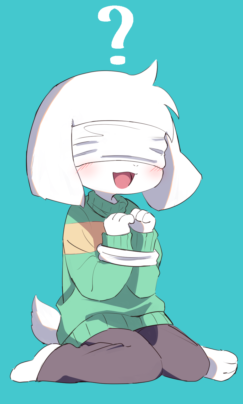 1boy :3 ? animal_ears animal_feet asriel_dreemurr barefoot blindfold blue_background blush body_fur bound bound_arms brown_pants commentary_request covered_eyes full_body furry furry_male goat_boy goat_ears goat_tail green_sweater hands_up happy highres knees_together_feet_apart long_sleeves male_child male_focus open_mouth own_hands_together pants short_hair simple_background sitting smile solo striped striped_sweater sweater syuya tied_up_(nonsexual) undertale wariza white_fur white_hair