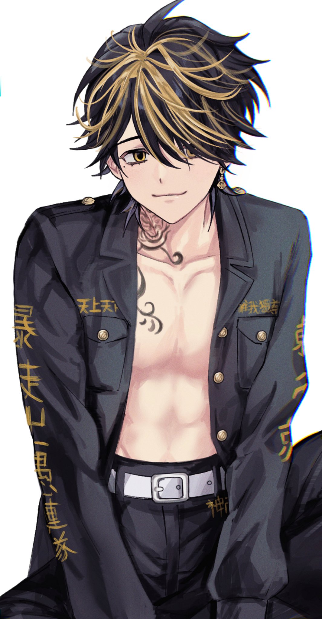 1boy bangs bell belt belt_buckle buckle closed_mouth collarbone ear_piercing earrings eyelashes hair_over_one_eye hanemiya_kazutora highres jacket jewelry looking_at_viewer male_focus medium_hair mito_(jinzero) mole mole_under_eye multicolored_hair neck_tattoo piercing simple_background smile solo tattoo tokyo_revengers two-tone_hair unbuttoned white_background yellow_eyes