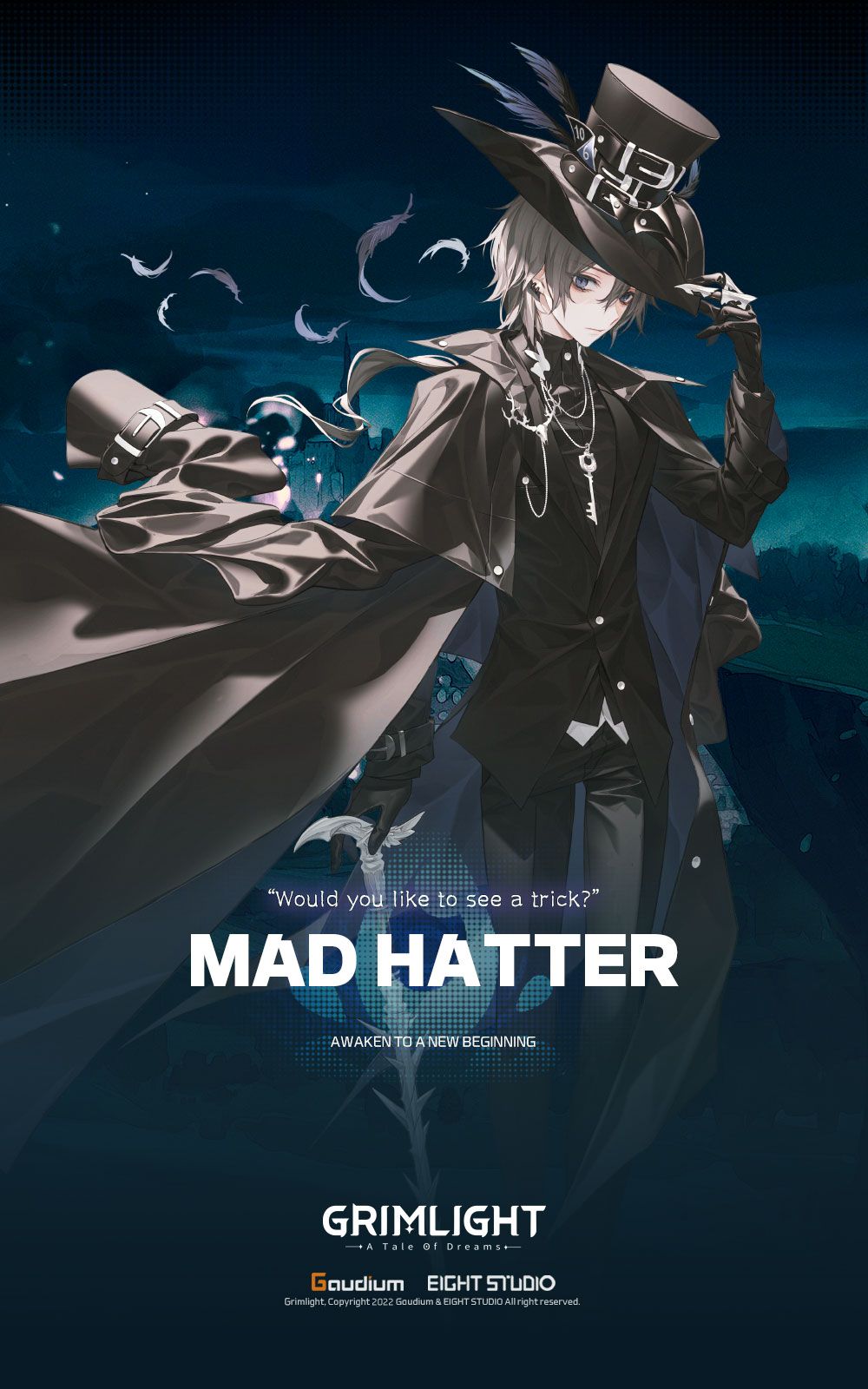1boy artist_request blue_eyes cape facing_to_the_side full_body grey_hair grimlight hat highres jewelry key_necklace long_sleeves looking_at_viewer mad_hatter_(grimlight) male_focus necklace official_art pants short_hair solo top_hat
