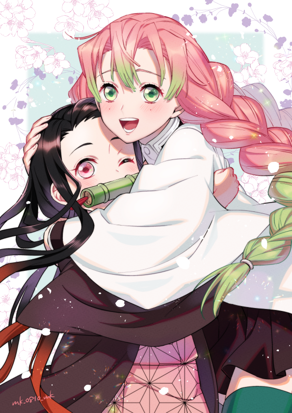 2girls ar_(rikuesuto) bamboo bit_gag black_hair demon_slayer_uniform gag gradient_hair green_eyes green_hair japanese_clothes kamado_nezuko kanroji_mitsuri kimetsu_no_yaiba kimono long_hair looking_at_viewer mole mole_under_eye multicolored_hair multiple_girls pink_eyes pink_hair pink_kimono very_long_hair