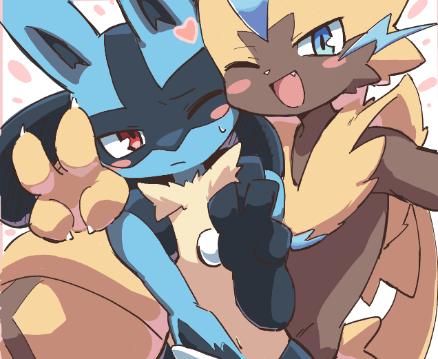 2boys animal_ears animal_hands animal_nose arm_around_shoulder arm_up black_fur blue_eyes blue_fur blush blush_stickers body_fur cat_boy cat_tail cheek-to-cheek claws closed_mouth commentary_request fang furry furry_male half-closed_eye hand_up happy heads_together heart looking_at_another looking_at_viewer looking_to_the_side lucario male_focus multicolored_fur multiple_boys navel one_eye_closed open_mouth pokemon pokemon_(creature) red_eyes selfie simple_background sketch smile spikes sweat syuya tail upper_body v whiskers white_background wolf_boy wolf_ears yellow_fur zeraora