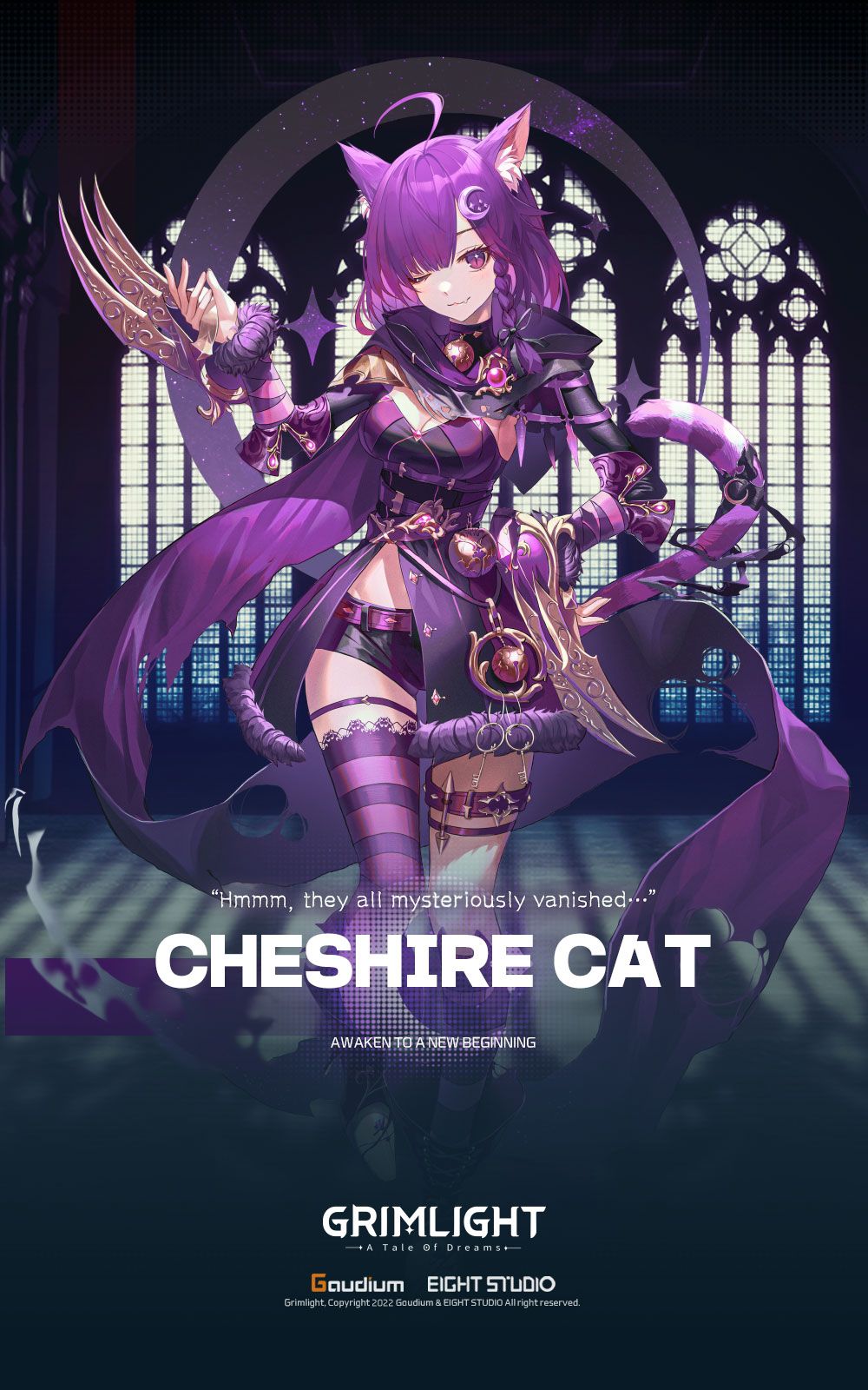 1girl animal_ears artist_request cat_ears cat_girl cat_tail cheshire_cat_(grimlight) crop_top full_body grimlight highres long_hair looking_at_viewer official_art one_eye_closed purple_hair shorts solo striped striped_legwear tail thigh-highs thigh_strap violet_eyes