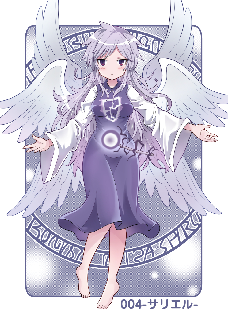 1girl ahoge angel_wings barefoot breasts colonel_aki commentary_request dress full_body grey_hair long_hair long_sleeves looking_at_viewer medium_breasts multiple_wings outstretched_arms purple_dress red_eyes sariel_(touhou) solo spread_arms touhou touhou_(pc-98) translation_request wide_sleeves wings