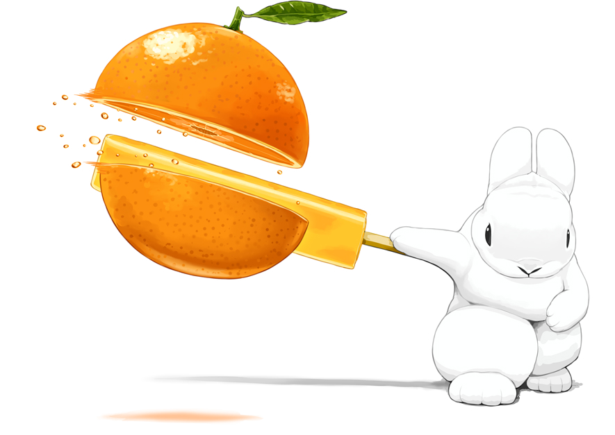 animal cutting fighting_stance food fruit holding holding_food lilac_(p-f_easy) no_humans orange_(fruit) original popsicle rabbit solo standing