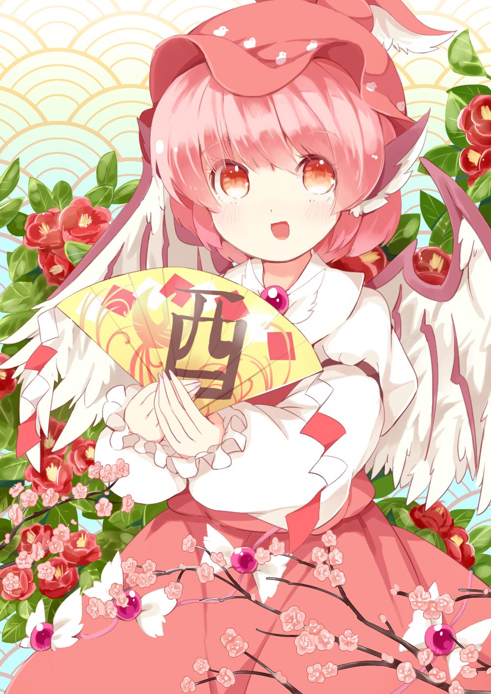 1girl animal_ears bird_ears bird_wings blush brown_dress brown_headwear chinese_zodiac dress flower folding_fan frilled_sleeves frills hand_fan highres holding holding_fan japa long_sleeves mystia_lorelei open_mouth pink_eyes pink_flower pink_hair red_flower seigaiha short_hair smile solo touhou upper_body white_wings winged_hat wings year_of_the_rooster