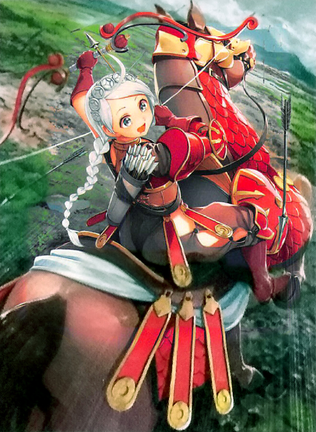 1girl ahoge armor arrow_(projectile) ass bangs barding bare_shoulders boots bow_(weapon) braid buttons drooling fire_emblem fire_emblem_cipher fire_emblem_fates genki_kuno grass hairband highres holding holding_bow_(weapon) holding_weapon horseback_riding looking_to_the_side official_alternate_costume official_art open_mouth outdoors parted_bangs quiver riding shoulder_armor third-party_source twin_braids weapon white_hair white_hairband