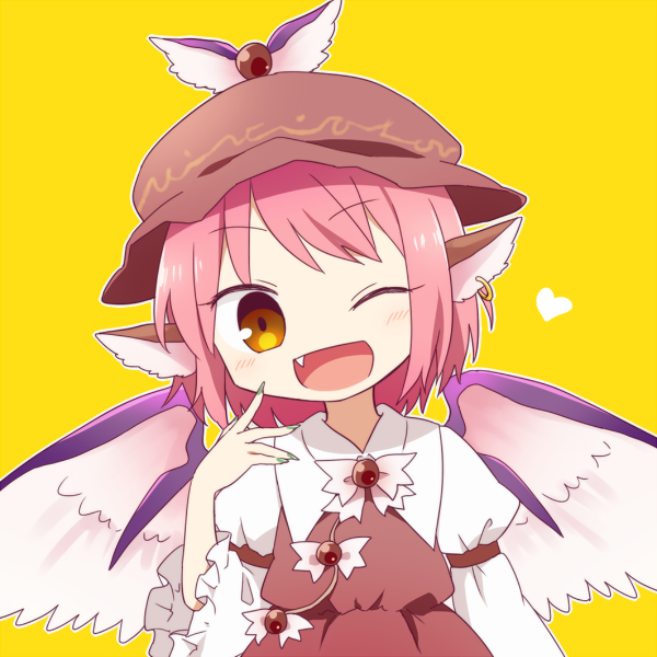 1girl animal_ears bird_ears bird_wings blush brown_dress brown_headwear dress earrings fang fingernails frilled_sleeves frills green_nails heart jewelry juliet_sleeves long_fingernails long_sleeves mystia_lorelei nail_polish one_eye_closed open_mouth pink_hair puffy_sleeves short_hair simple_background single_earring smile solo touhou upper_body white_wings wide_sleeves winged_hat wings yamabuki_(yusuraume) yellow_background yellow_eyes