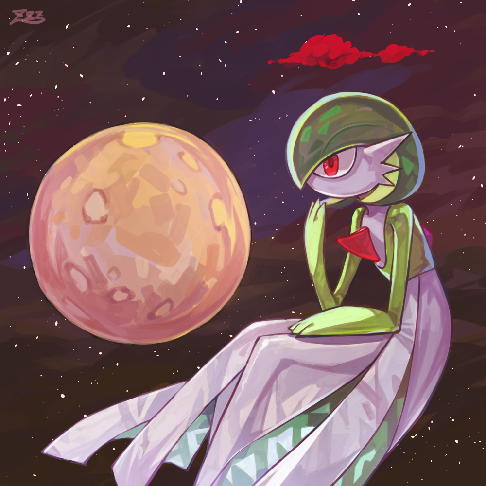 colored_skin commentary_request flipped_hair gardevoir green_hair hand_up moon outdoors oyasuminjyutsu pokemon pokemon_(creature) red_eyes signature solo space spikes white_skin