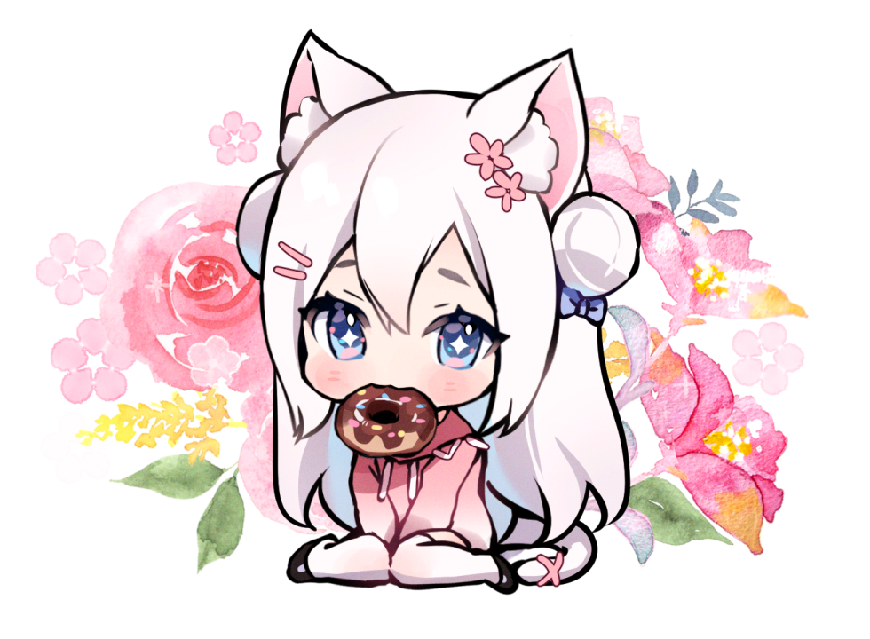 +_+ 1girl animal_ear_fluff animal_ears bangs black_footwear blue_bow blue_eyes blush bow cat_ears cat_girl cat_tail chibi double_bun doughnut drawstring floral_background flower food food_in_mouth full_body hair_between_eyes hair_bow hair_bun hair_flower hair_ornament hairclip hood hood_down hoodie long_hair long_sleeves looking_at_viewer nami_(nyaa) original pink_flower pink_hoodie puffy_long_sleeves puffy_sleeves shoes short_eyebrows sitting solo tail thick_eyebrows thigh-highs very_long_hair wariza white_background white_hair white_legwear