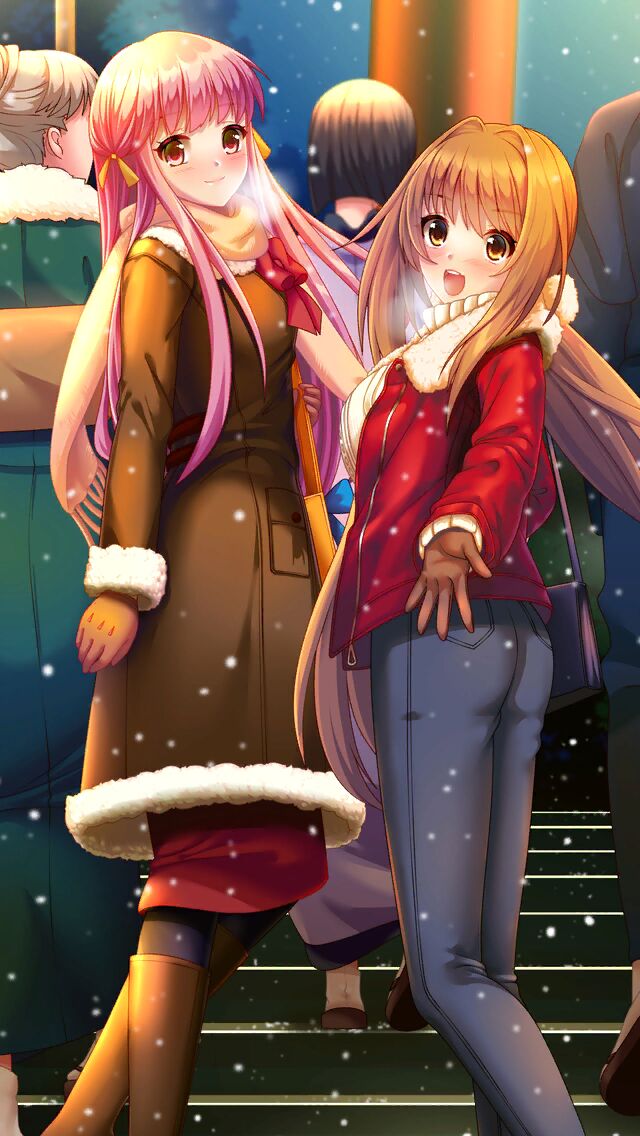 4girls :d bangs blurry blurry_background brown_coat brown_eyes brown_footwear brown_gloves brown_hair closed_mouth coat coat_dress doukyuusei doukyuusei_another_world floating_hair fur-trimmed_coat fur_trim game_cg gloves grey_pants hair_intakes jacket kakyuusei_2 long_hair long_sleeves looking_at_viewer multiple_girls open_mouth pants pink_hair red_eyes red_jacket red_skirt saimon_tamaki sakuragi_mai scarf shiny shiny_hair skirt smile snowing stairs standing very_long_hair winter_clothes winter_coat yellow_scarf