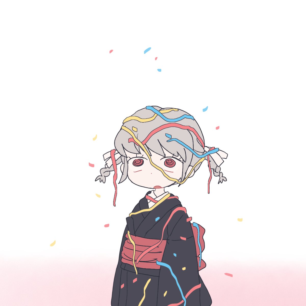 1girl :o bangs black_kimono braid confetti danganronpa_(series) danganronpa_2:_goodbye_despair gamhwa grey_background hair_ribbon highres japanese_clothes kimono long_sleeves looking_at_viewer obi open_mouth pekoyama_peko red_eyes ribbon sash simple_background solo twin_braids twintails white_ribbon