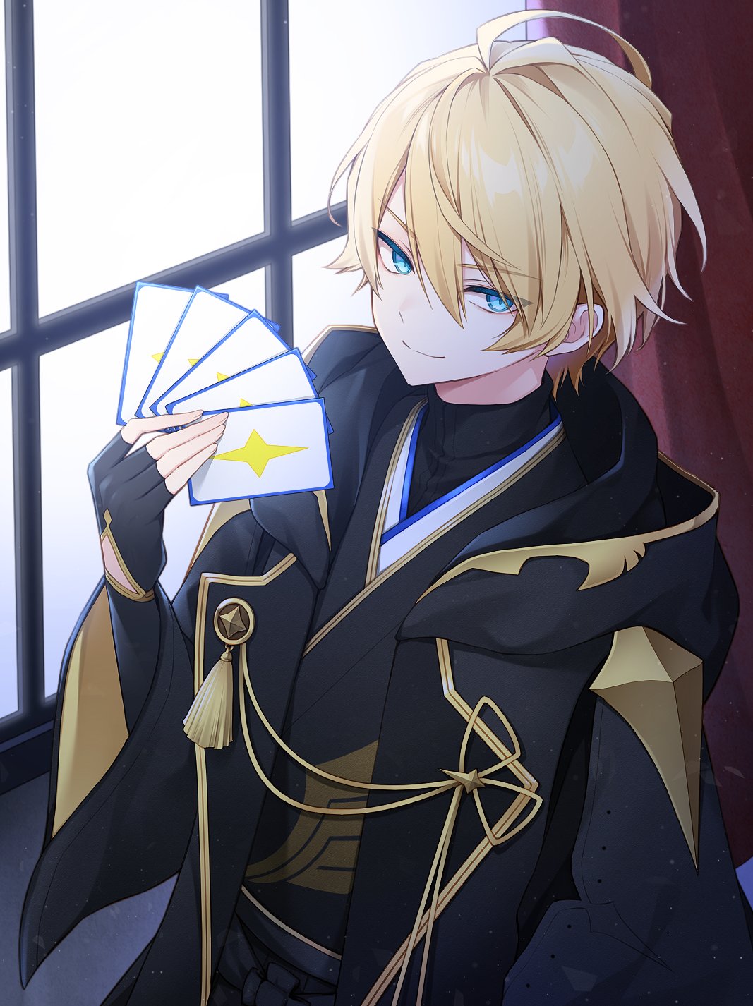 1boy black_gloves black_jacket black_kimono black_shirt blonde_hair blue_eyes card cowlick curtains fingerless_gloves gloves hair_between_eyes highres holding holding_card holostars hood hood_down hooded_jacket jacket japanese_clothes kimono kishido_temma looking_at_viewer male_focus nekonoyuto official_alternate_costume shirt short_hair smile solo tassel upper_body virtual_youtuber window