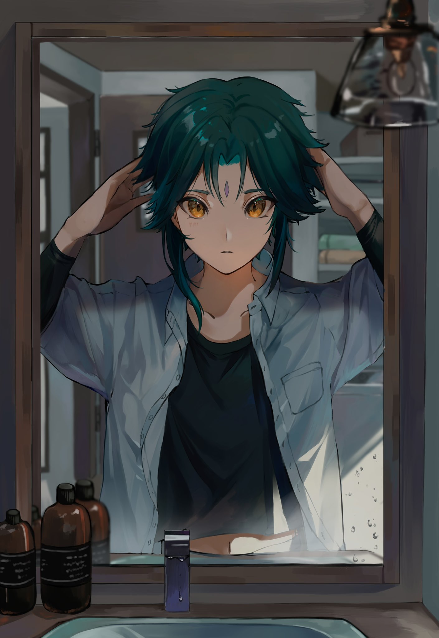 1boy arm_up bangs black_shirt bottle facial_mark forehead forehead_mark genshin_impact green_hair highres indoors jacket male_focus mirror multicolored_hair navel open_clothes potetwo_2 shirt short_hair solo stomach xiao_(genshin_impact) yellow_eyes