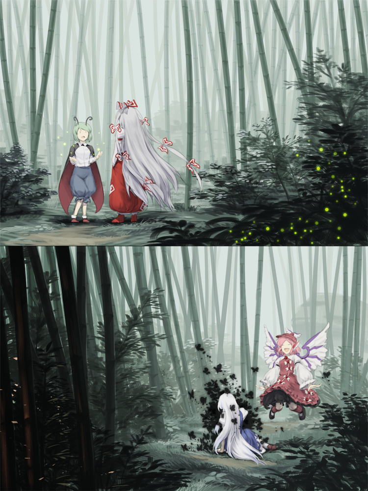 4girls animal animal_ears antennae baggy_pants bamboo bamboo_forest bird_ears bird_wings black_cape black_footwear blue_dress blue_hair bow brown_dress brown_headwear brown_legwear bug cape closed_eyes dress forest fujiwara_no_mokou green_hair hair_bow kamishirasawa_keine kneehighs long_hair long_sleeves moth multiple_girls mystia_lorelei nature no_hat no_headwear open_mouth pants pink_hair red_footwear red_pants shinburu shirt shoes short_hair smile touhou white_bow white_hair white_shirt white_wings wide_sleeves winged_hat wings wriggle_nightbug