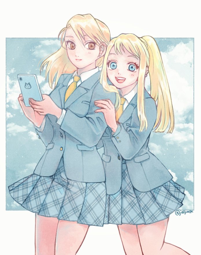 2girls :d animal_print blazer blonde_hair blue_eyes blue_jacket blue_skirt blunt_ends breasts brown_eyes cellphone clouds collared_shirt dog_print earrings eyelashes feet_out_of_frame fullmetal_alchemist hair_down hand_on_another's_arm hands_up holding holding_phone jacket jellymlk jewelry long_hair long_sleeves looking_at_viewer miniskirt multiple_girls necktie open_mouth phone plaid plaid_skirt pleated_skirt ponytail riza_hawkeye school_uniform shirt sidelocks skirt sky smartphone smile sticker twitter_username white_shirt winry_rockbell yellow_necktie