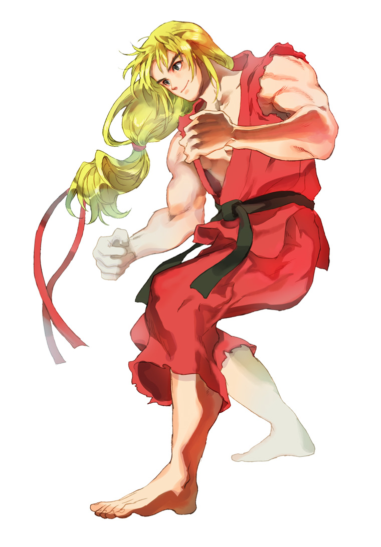 1boy barefoot belt blonde_hair brown_eyes collarbone commentary_request dougi eyelashes fighting_stance full_body hair_ribbon ken_masters long_eyelashes long_hair low-tied_long_hair male_focus muscular muscular_male ribbon sleeveless smile solo street_fighter street_fighter_zero_(series) tanakalma