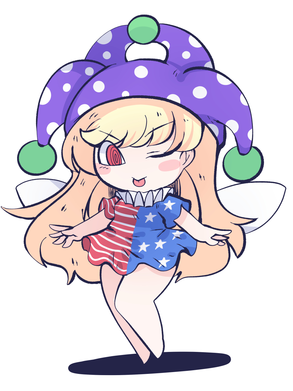 1girl american_flag_dress bare_legs barefoot blonde_hair closed_mouth clownpiece dress fairy fairy_wings fried_rice0614 full_body hat highres jester_cap long_hair one-hour_drawing_challenge one_eye_closed polka_dot polka_dot_headwear purple_headwear red_eyes short_sleeves simple_background smile solo star_(symbol) star_print striped striped_dress tongue tongue_out touhou white_background wings