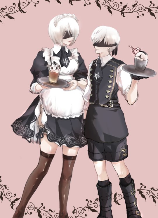 1boy 1girl apron black_blindfold black_dress black_footwear black_gloves black_shorts black_thighhighs black_vest blindfold bob_cut boots breasts buttons cup dress drinking_straw feet_out_of_frame food gloves holding holding_plate ice_cream iced_coffee knee_boots looking_at_another maid_headdress medium_breasts necktie nier_(series) nier_automata pink_background plate puffy_sleeves shirt short_dress short_hair shorts sundae thigh-highs thigh_strap tomo_(552252) vest waiter waitress white_apron white_hair white_shirt yorha_no._2_type_b yorha_no._9_type_s