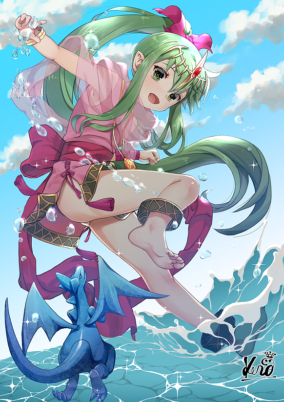 1girl bare_legs bracelet cape clouds dragon dress fire_emblem fire_emblem:_mystery_of_the_emblem fire_emblem_heroes full_body gloves green_eyes green_hair hair_ornament hair_ribbon jewelry kero_sweet long_hair looking_at_viewer open_mouth panties pointy_ears ponytail ribbon smile soles solo tiara tiki_(fire_emblem) underwear very_long_hair water