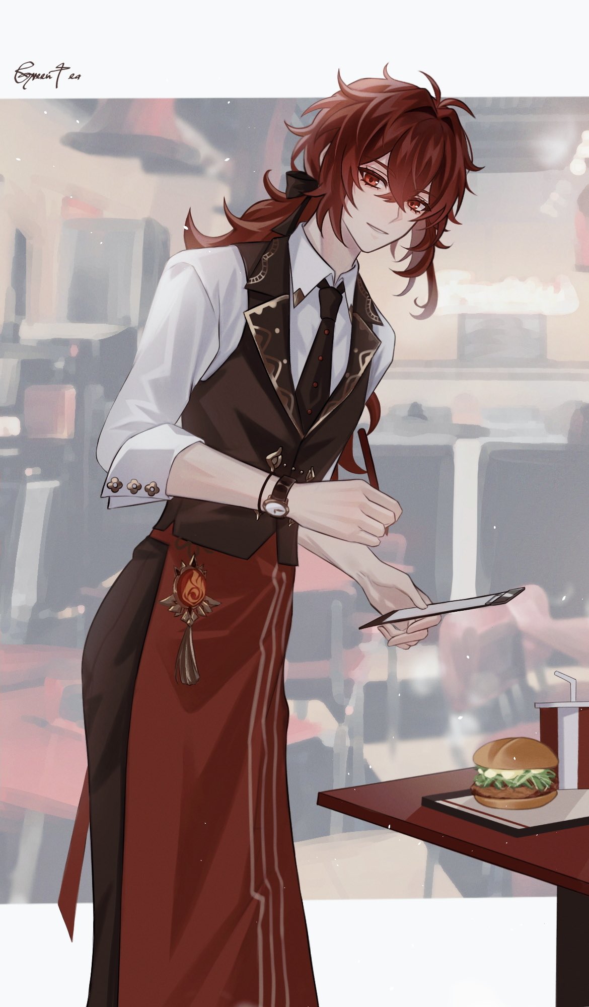 1boy alternate_costume apron bangs black_pants black_vest burger cup diluc_(genshin_impact) disposable_cup drinking_straw food genshin_impact greentea7954 hair_between_eyes highres holding indoors long_hair looking_at_viewer low_ponytail male_focus pants red_apron red_eyes redhead shirt smile solo standing vest waist_apron white_shirt