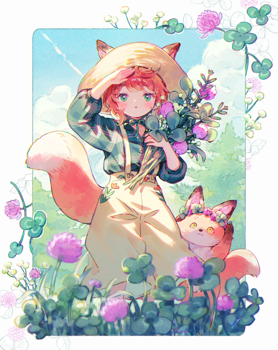 1girl animal_ears baggy_pants blush clover conago flannel flower fox fox_ears fox_girl fox_tail green_eyes hat highres long_sleeves looking_ahead looking_at_viewer orange_eyes original pants personification plant shirt short_hair solo tail