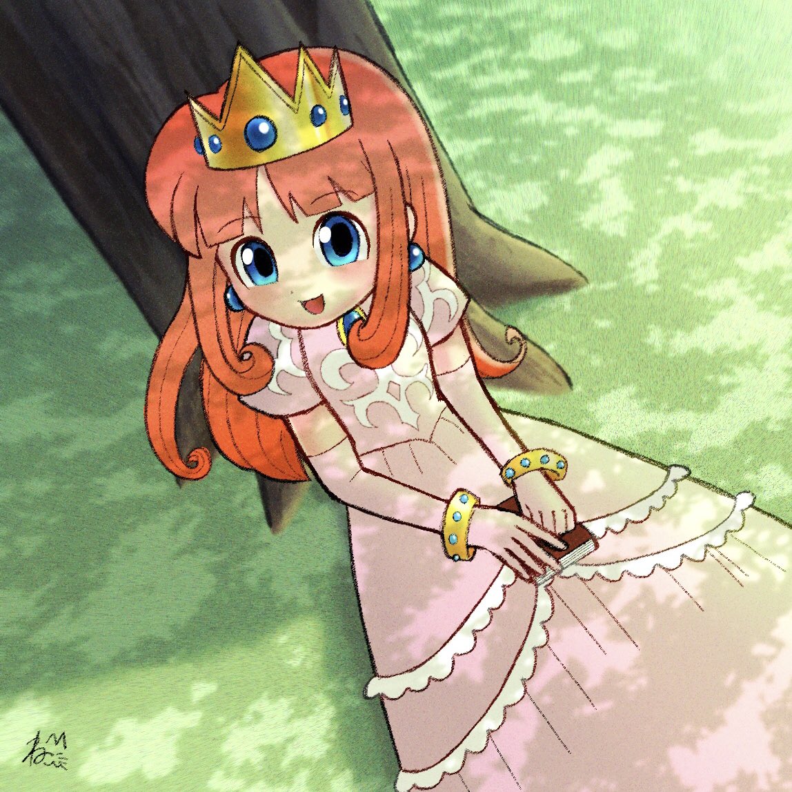 blue_eyes bracelet crown dress earrings gloves grass jewelry nekosaburo1 open_mouth orange_hair pink_dress pink_gloves princess shokora-hime smile tree wario_land wario_land_4