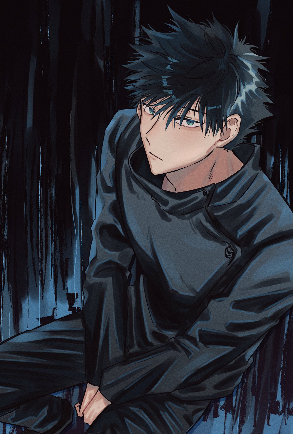 1boy bangs between_legs black_background black_hair black_pants blue_background buttons closed_mouth commentary_request fushiguro_megumi fushirun_rung green_eyes hand_between_legs high_collar highres jacket jujutsu_kaisen korean_commentary long_sleeves looking_at_viewer male_focus pants school_uniform short_hair sitting solo spiky_hair two-tone_background