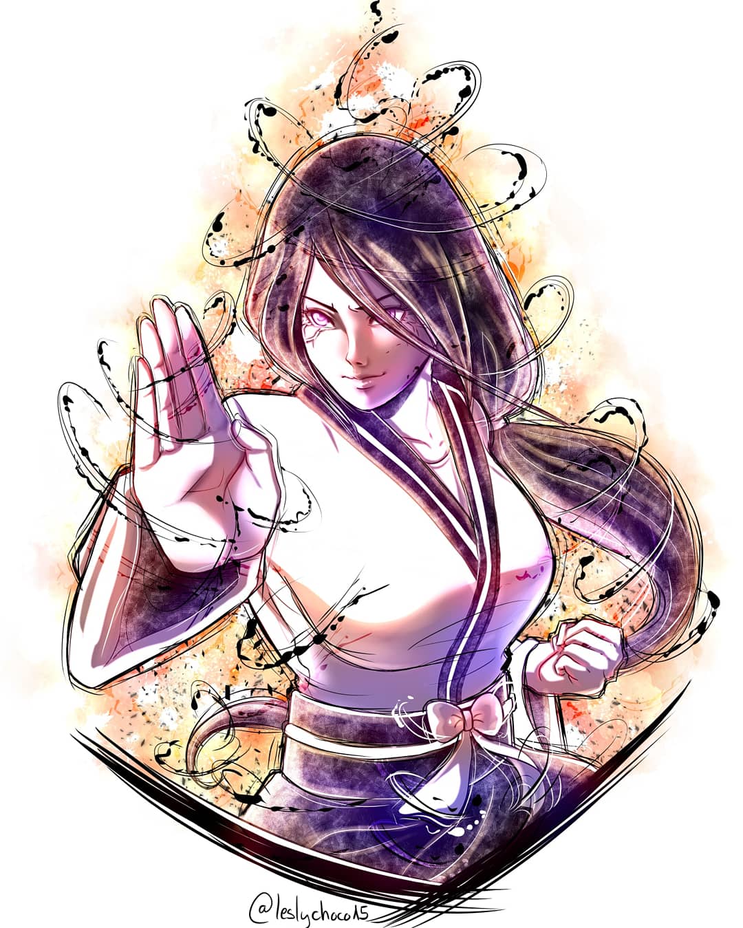 1girl black_hair boruto:_naruto_next_generations bow breasts closed_mouth floating_hair highres hyuuga_hanabi japanese_clothes kimono large_breasts leslychoco15 long_hair long_sleeves low_ponytail naruto_(series) pink_eyes sketch solo stance standing twitter_username very_long_hair white_background white_bow white_kimono