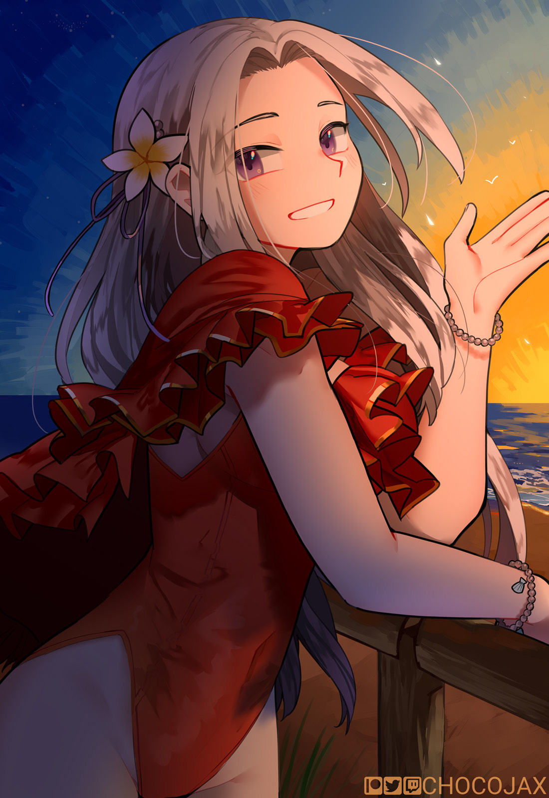 1girl artist_name blush bracelet chocojax edelgard_von_hresvelg fire_emblem fire_emblem:_three_houses fire_emblem_heroes flower gold_trim hair_flower hair_ornament highres jewelry ocean official_alternate_costume one-piece_swimsuit red_swimsuit round_teeth seashell_bracelet smile sunset swimsuit teeth violet_eyes white_hair