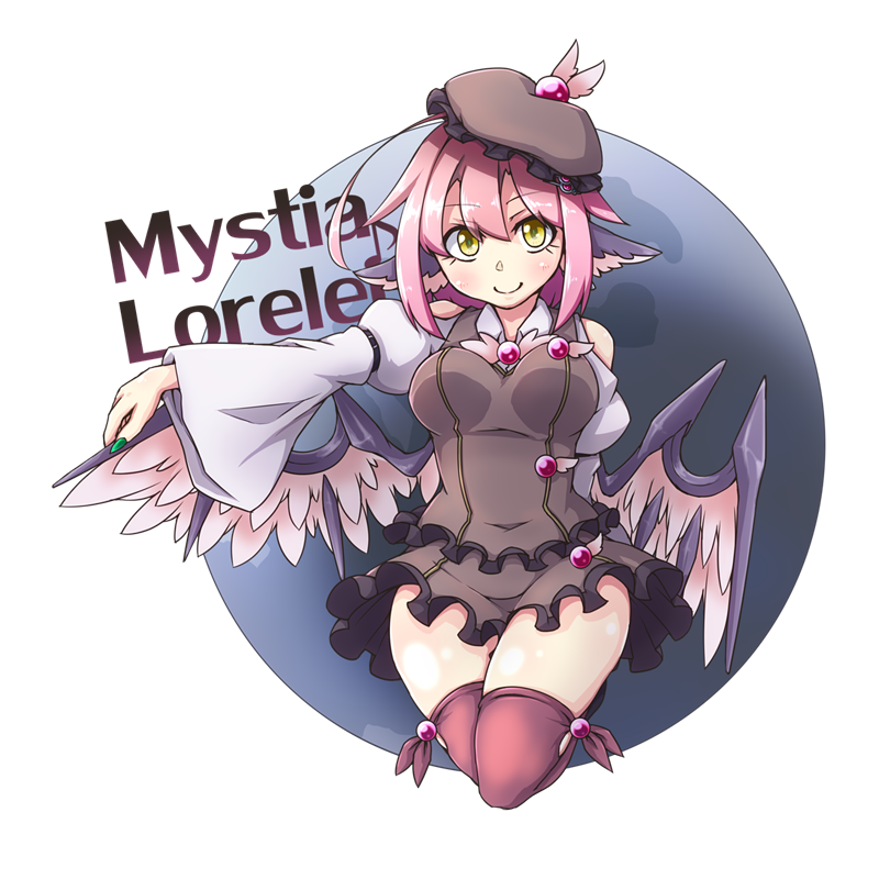 1girl animal_ears bird_ears bird_wings blush breasts brown_dress brown_headwear brown_legwear character_name closed_mouth covered_navel dress earlgrey eighth_note fingernails green_nails hair_between_eyes juliet_sleeves large_breasts long_sleeves musical_note mystia_lorelei nail_polish pink_hair pink_wings puffy_sleeves sharp_fingernails short_hair smile solo thigh-highs touhou transparent_background wide_sleeves winged_hat wings yellow_eyes