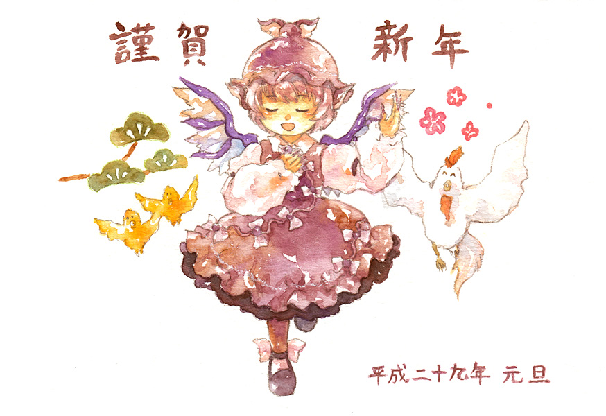 1girl animal animal_ears bird bird_ears bird_wings black_footwear brown_dress brown_headwear brown_legwear chicken chinese_zodiac dress fingernails frilled_dress frilled_sleeves frills full_body long_fingernails long_sleeves mystia_lorelei nail_polish nengajou new_year open_mouth pink_hair purple_nails shiroma_(mamiko) shoes short_hair simple_background smile solo touhou traditional_media white_background white_wings winged_hat wings year_of_the_rooster