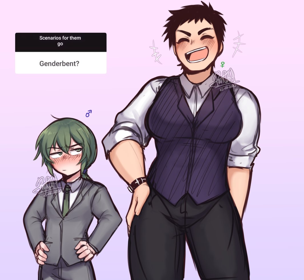 1boy 1girl black_hair breasts closed_eyes dress_shirt genderswap genderswap_(ftm) genderswap_(mtf) green_eyes green_hair igarashi_futaba_(shiromanta) large_breasts laughing long_hair looking_at_another mars_symbol necktie office_lady panqlao pants ponytail salaryman senpai_ga_uzai_kouhai_no_hanashi shirt short_hair sidelocks size_difference smile takeda_harumi_(shiromanta) thick_eyebrows venus_symbol vest waistcoat