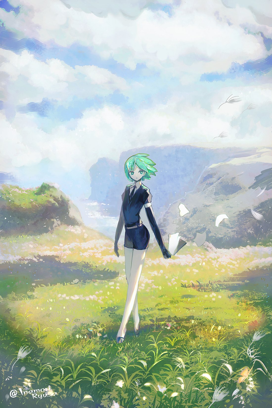 1other :o androgynous black_footwear black_necktie black_shorts cliff clouds cloudy_sky collared_shirt crystal_hair dandelion dandelion_seed day detached_sleeves flower flying_paper full_body gem_uniform_(houseki_no_kuni) grass green_eyes green_hair highres holding holding_paper houseki_no_kuni inaeda_kei long_sleeves looking_at_viewer necktie ocean open_mouth outdoors paper phosphophyllite puffy_short_sleeves puffy_sleeves shirt short_hair short_shorts short_sleeves shorts sky solo standing water white_shirt
