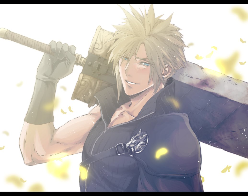 1boy armor black_shirt blonde_hair blue_eyes buster_sword chest_strap cloud_strife collarbone earrings falling_petals final_fantasy final_fantasy_vii final_fantasy_vii_advent_children gloves hair_between_eyes high_collar jewelry kyoujixxxx male_focus muscular muscular_male open_collar over_shoulder parted_lips petals shirt shoulder_armor single_earring smile solo spiky_hair upper_body weapon weapon_over_shoulder white_background