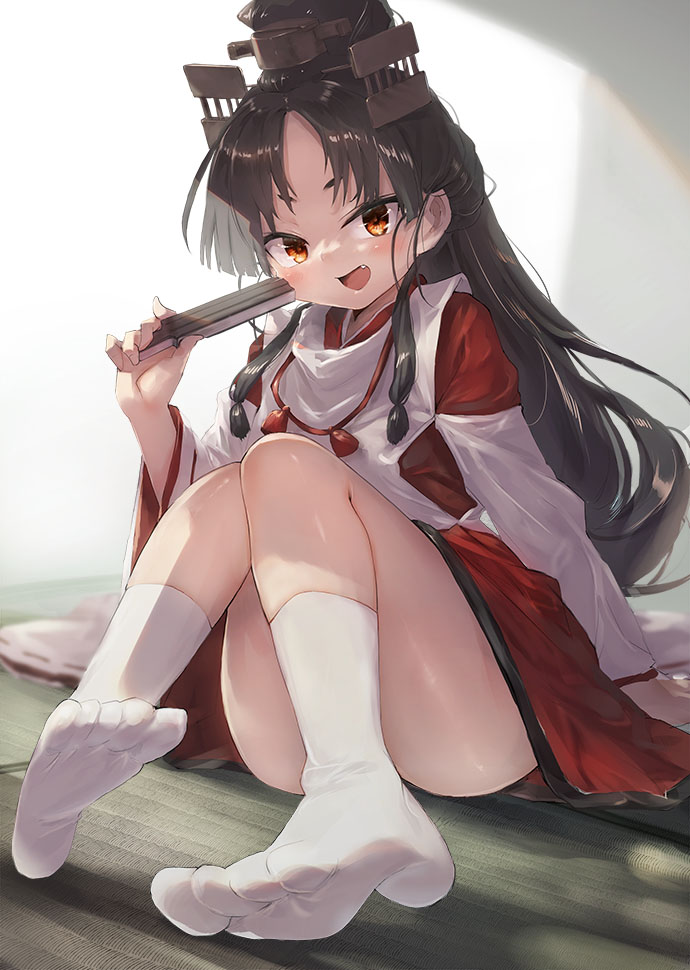 1girl black_hair blush fang folded_fan folding_fan hair_tie hakama hakama_skirt hand_fan headgear high_ponytail indoors japanese_clothes kantai_collection long_hair looking_at_viewer miko multi-tied_hair nisshin_(kancolle) open_mouth red_hakama red_ribbon ribbon ribbon-trimmed_sleeves ribbon_trim short_eyebrows sitting skirt smile solo tabi tatami thick_eyebrows toka_(marchlizard) very_long_hair white_legwear