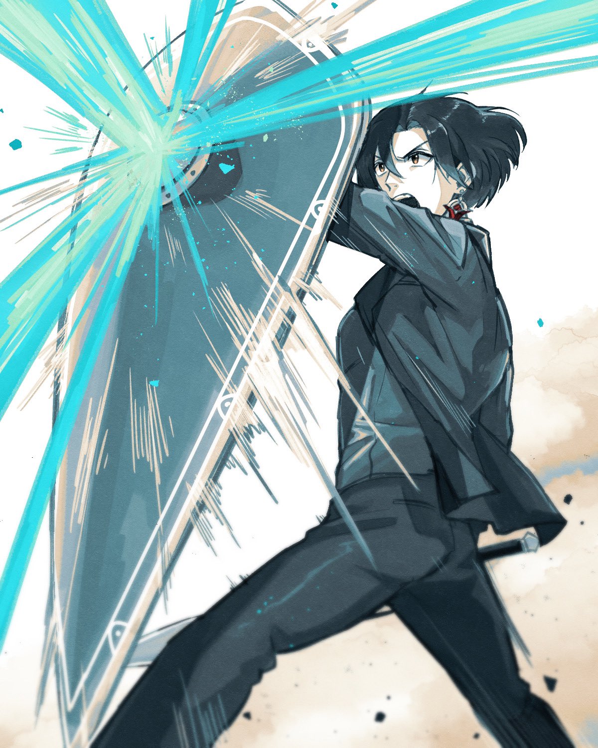 1boy beam black_hair black_jacket black_pants brown_eyes constantine_xi_(fate) curtained_hair debris earrings fate/grand_order fate_(series) feet_out_of_frame hair_between_eyes highres holding holding_shield jacket jewelry looking_ahead lv1na_ura male_focus open_mouth pants shield short_hair solo standing suit_jacket sword teeth upper_teeth v-shaped_eyebrows weapon