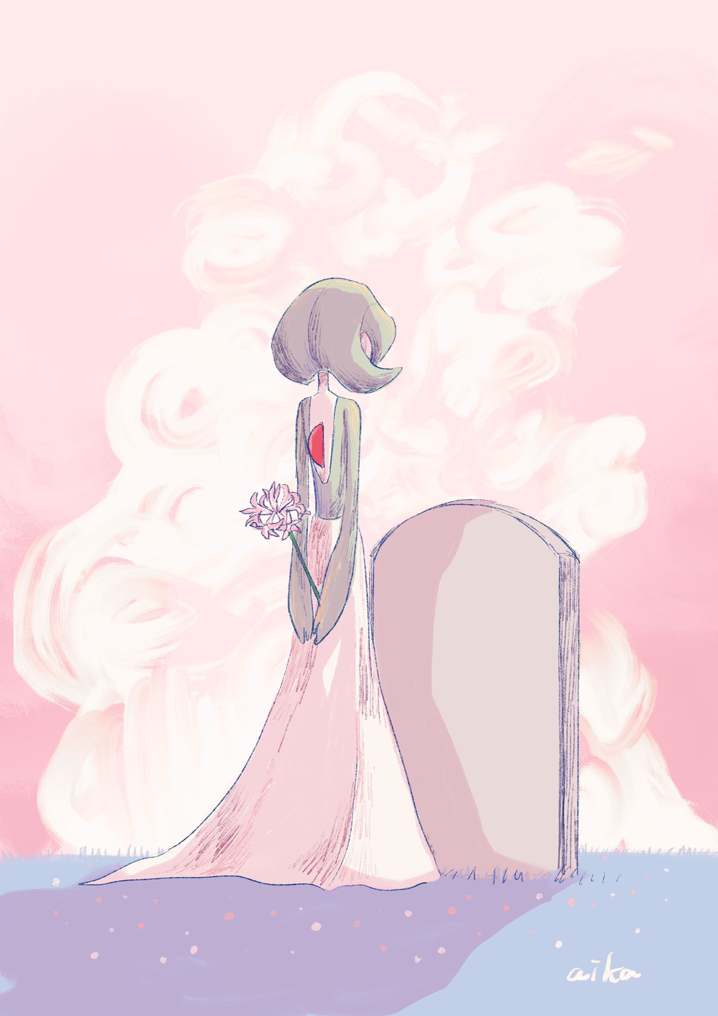 1girl arms_behind_back artist_name back backlighting bob_cut clouds colored_skin commentary_request day flower from_behind full_body gardevoir grass green_hair green_skin highres holding holding_flower multicolored_skin otonoha_aika outdoors pink_flower pink_sky pokemon pokemon_(creature) short_hair signature solo standing tombstone two-tone_skin white_skin