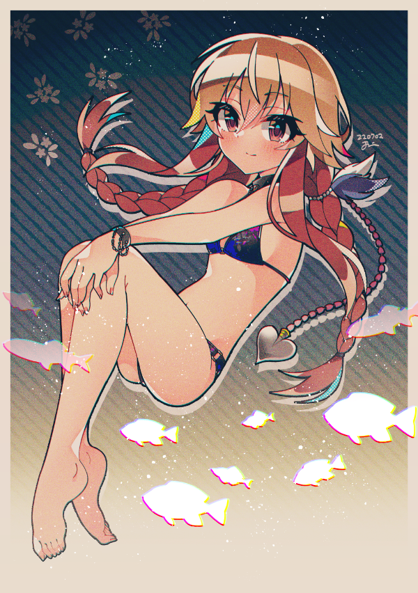 1girl animal_print ass bangs barefoot bikini blue_bikini blush bracelet braid breasts collar eyelashes eyes_visible_through_hair fish_print floral_print gradient gradient_background hands_on_own_knees idolmaster idolmaster_cinderella_girls jewelry legs light_brown_hair long_hair looking_at_viewer midair multicolored_hair ninomiya_asuka print_bikini redhead small_breasts smile solo spiked_collar spikes stomach striped striped_background swimsuit thighs two-tone_hair violet_eyes zy_jomi